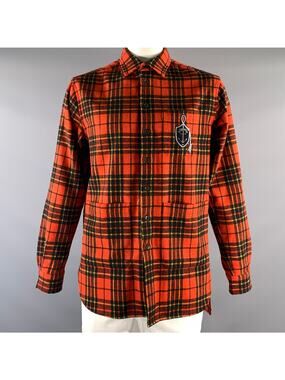 GUCCI Size XL Orange Black & Yellow Plaid Cotton Shirt Jacket Long Sleeve Shirt